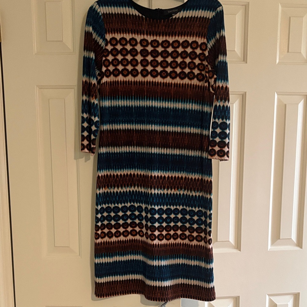 Karen Kane Blue and Brown Striped Geometric Long Sleeve Dress